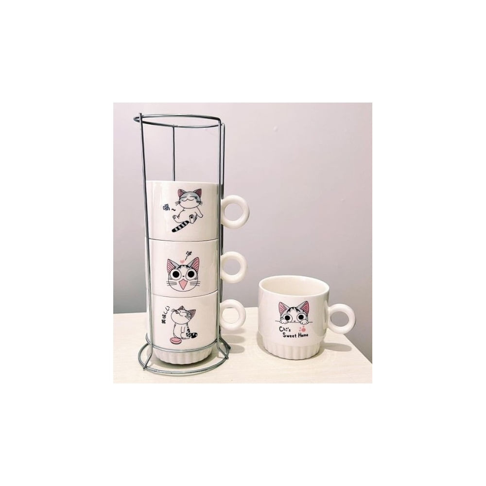 Juego de 4 Tazas  Apilables con soporte de metal Negro