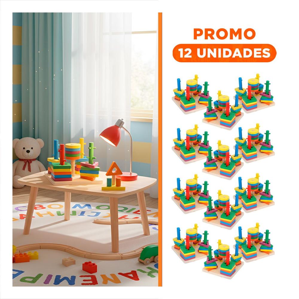 Pack12 Didactico de Encaje Multicolor con Diseno en Madera para Uso en Casa