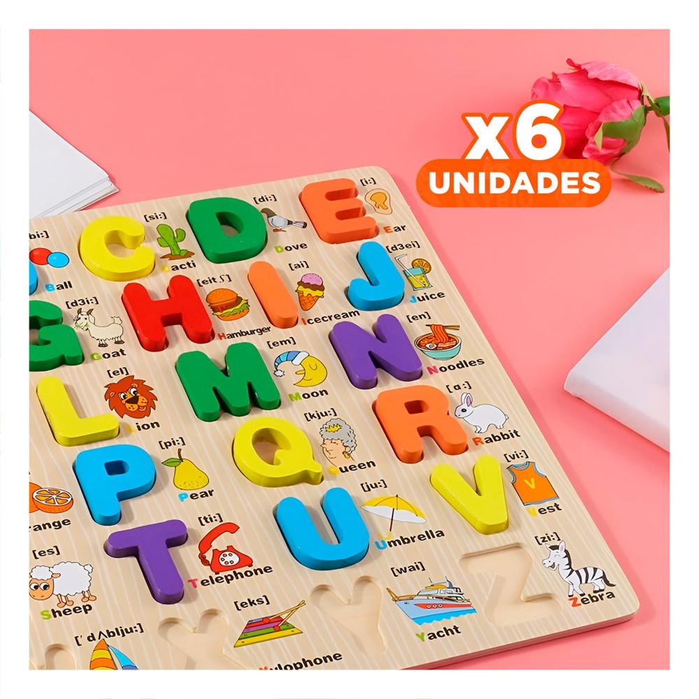 Pack6 Complemento Educativo de Abecedario en Madera con Letras Mayusculas Y+Papel Regalo