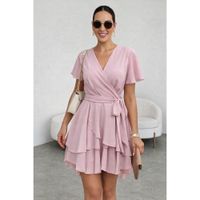 VESTIDO GASA CON LAZO PALO ROSA