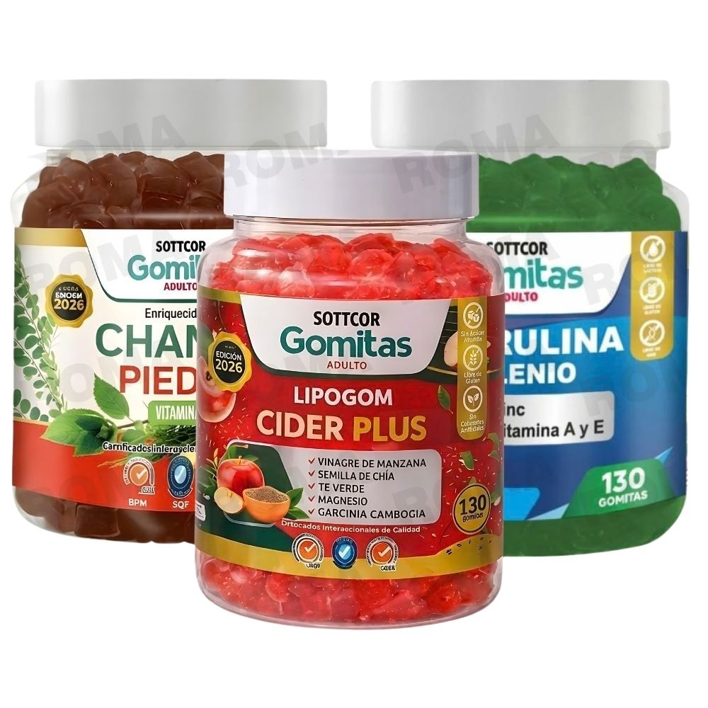 PACK 3 GOMITAS CHANCA PIEDRA + LIPOGOM CIDER PLUS + ESPIRULINA SOTTCOR