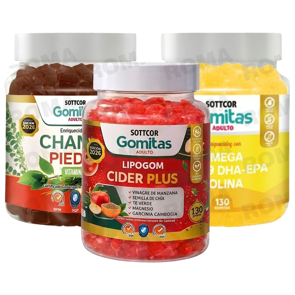 PACK 3 GOMITAS CHANCA PIEDRA+LIPOGOM CIDER PLUS+OMEGA 3 SOTTCOR