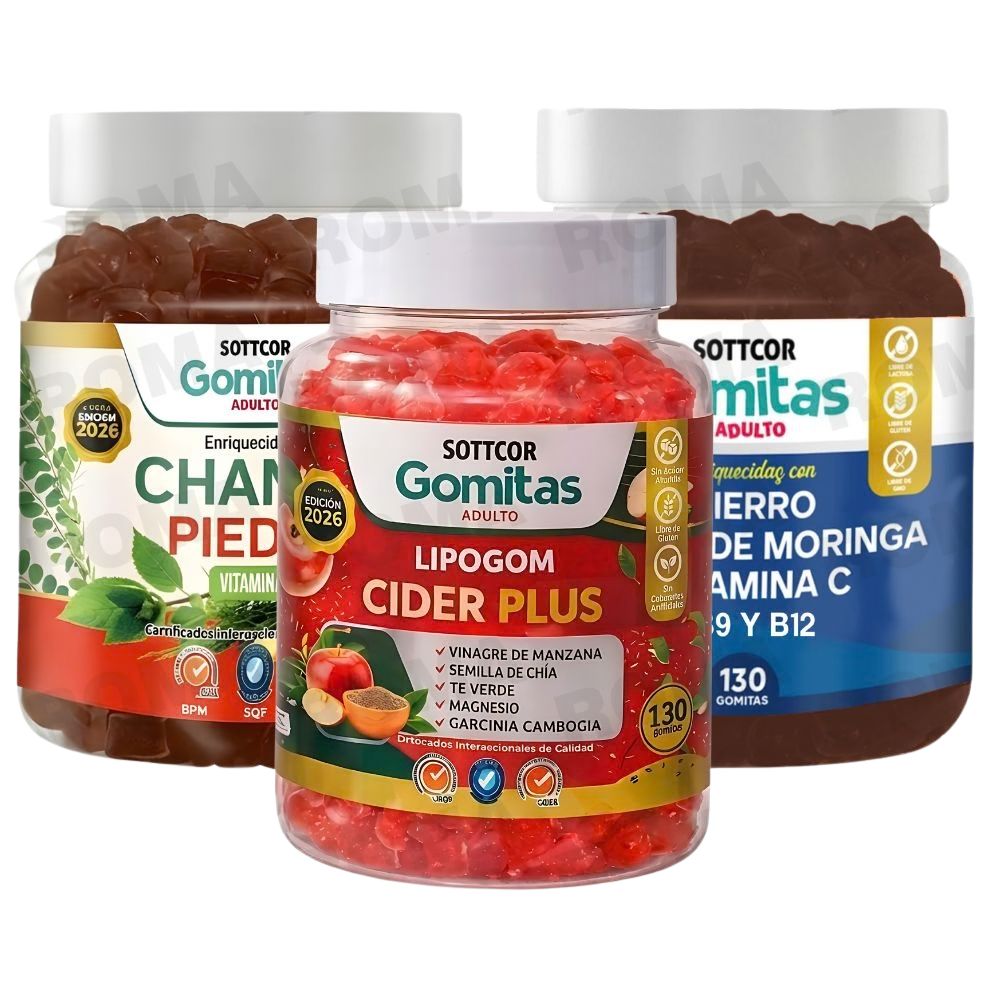 PACK 3 GOMITAS CHANCA PIEDRA + LIPOGOM CIDER PLUS + HIERRO SOTTCOR