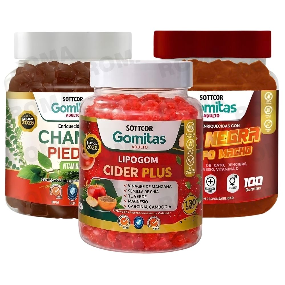 PACK 3 GOMITAS CHANCA PIEDRA + LIPOGOM CIDER PLUS + MACA NEGRA SOTTCOR