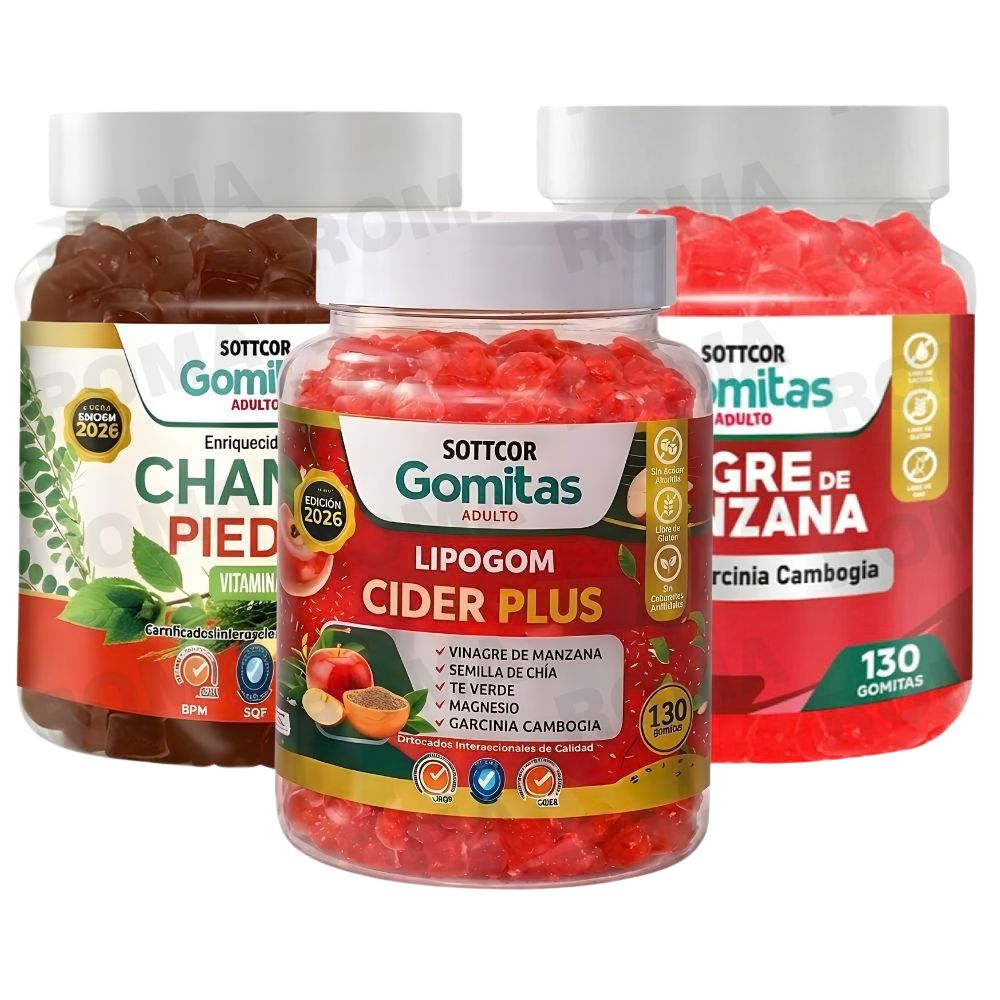 PACK3 GOMITAS CHANCA PIEDRA+LIPOGOM CIDER PLUS+VINAGRE MANZANA SOTTCOR
