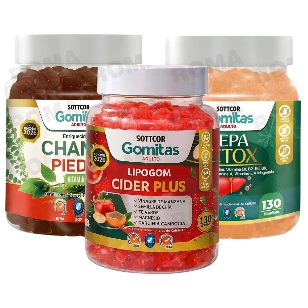 PACK 3 GOMITAS CHANCA PIEDRA + LIPOGOM CIDER PLUS + HEPA DETOX SOTTCOR