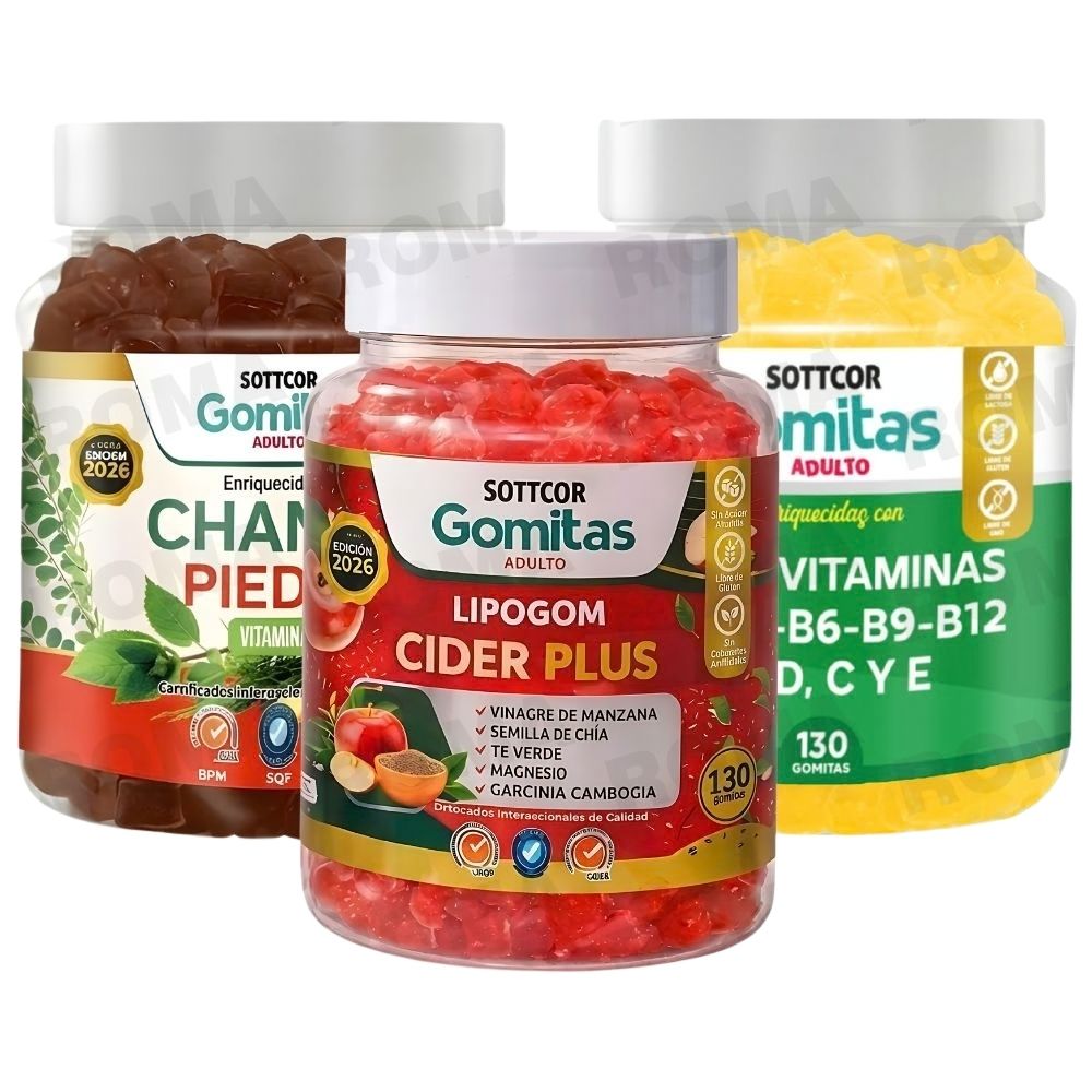 PACK3 GOMITAS CHANCA PIEDRA+LIPOGOM CIDER PLUS+MULTIVITAMINAS SOTTCOR