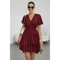 VESTIDO GASA CON LAZO ROJO VINO