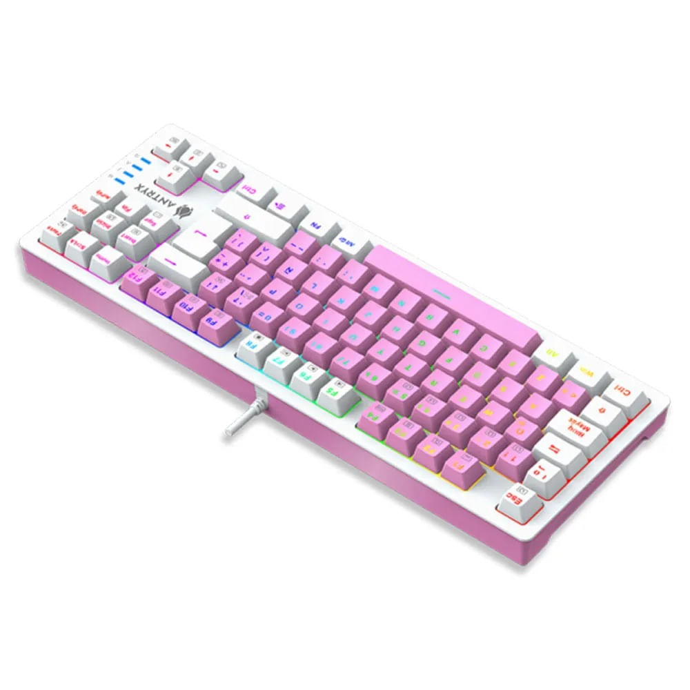 Teclado mecánico gaming Antryx MK-840 TKL RGB azul y rosa, ideal para gamers y personalización avan