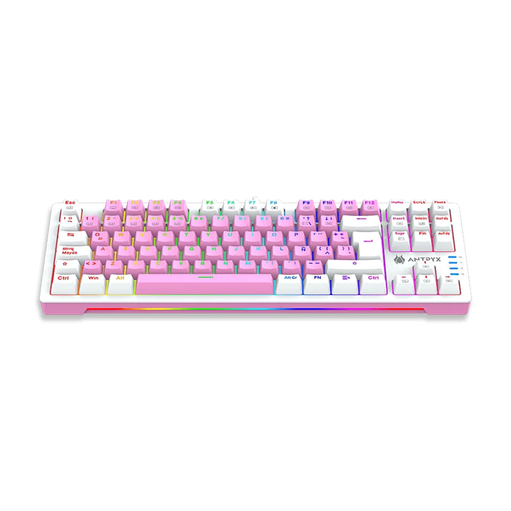 Teclado mecánico gaming Antryx MK-840 TKL con retroiluminación RGB y switches rojos, color rosa