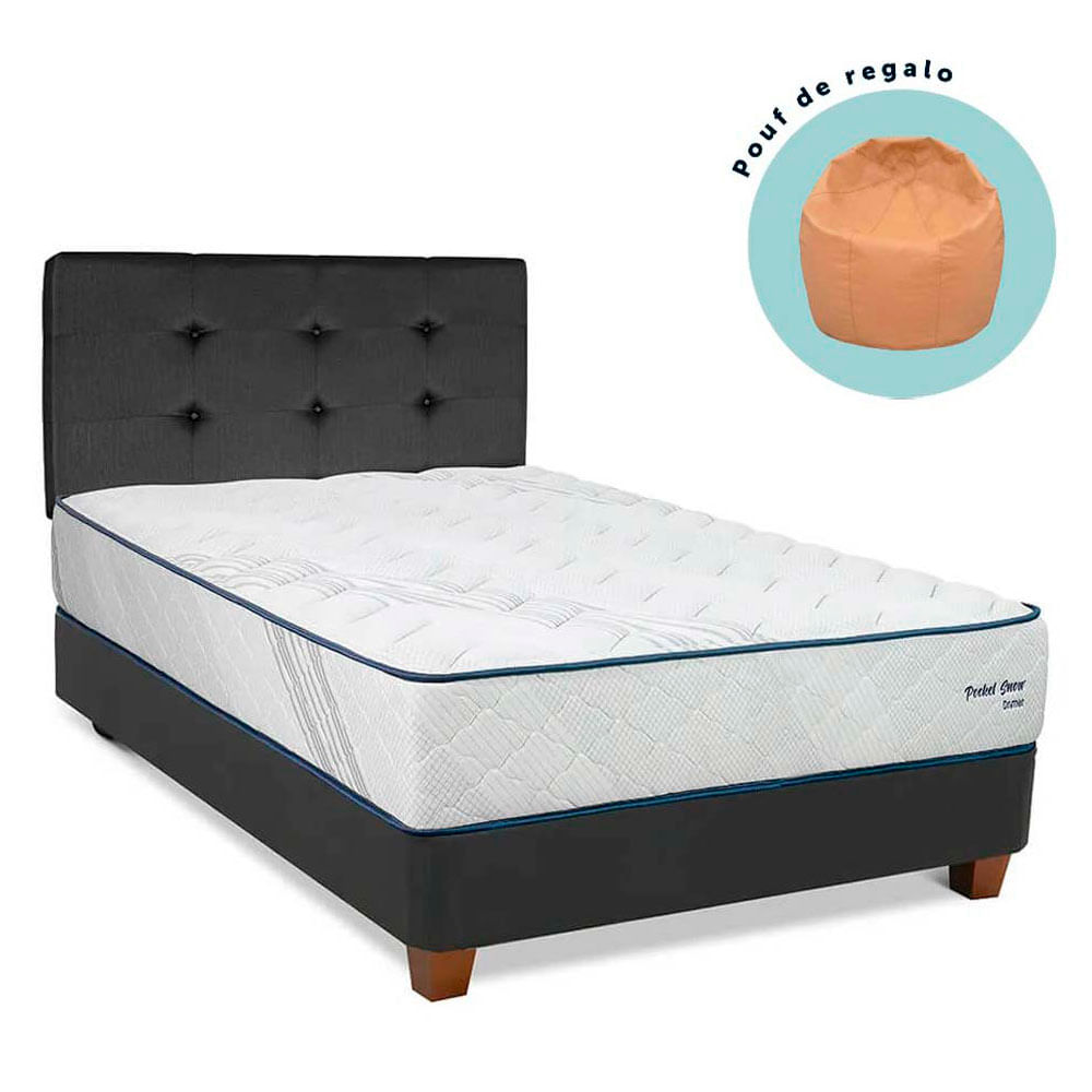 Dormitorio DRIMER Pocket Snow 2 Plazas + 2 Almohadas + REGALO Mini Pouf