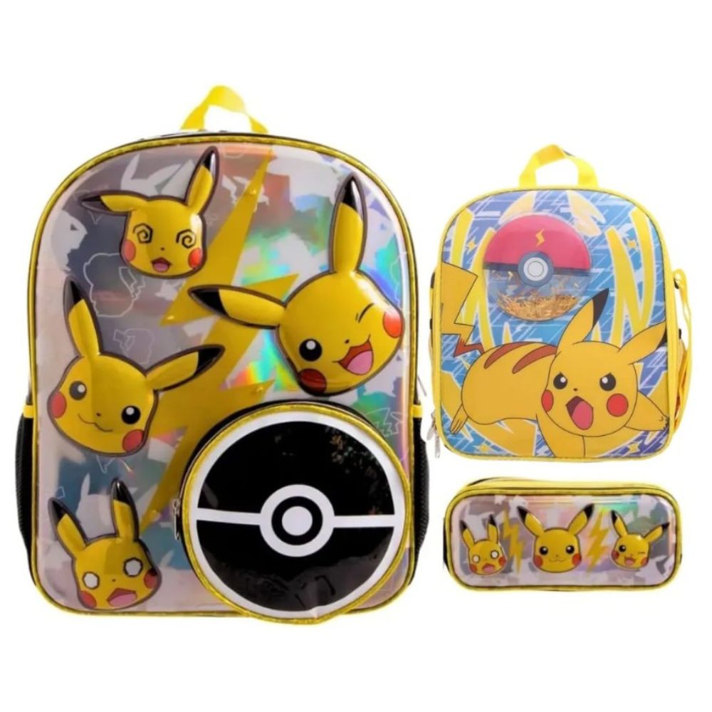 Pack Escolar Pikachu Luces Mochila 3d Lonchera Cartuchera Plateado Pikachu Luces