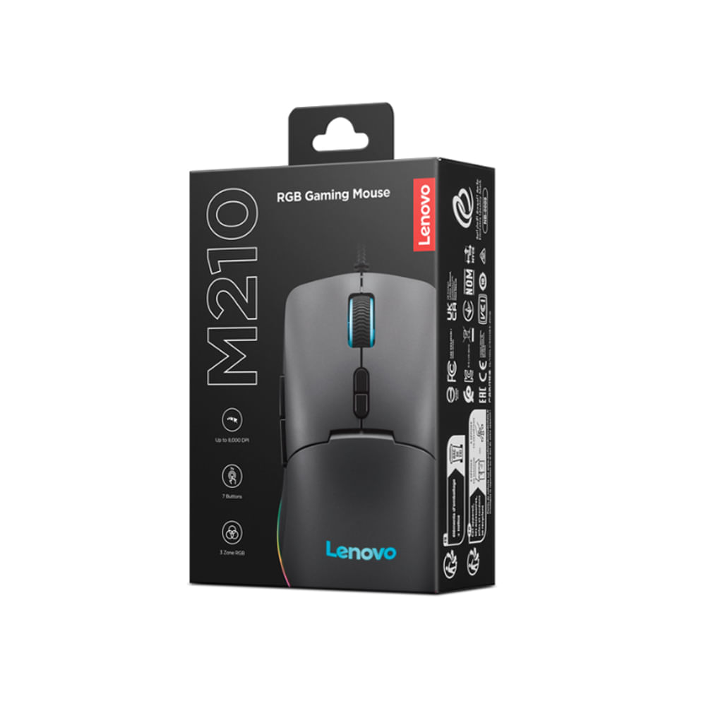 Ratón gaming Lenovo M210, 8000 DPI, USB Tipo A, cómodo para manos medianas y grandes, diseño simétr