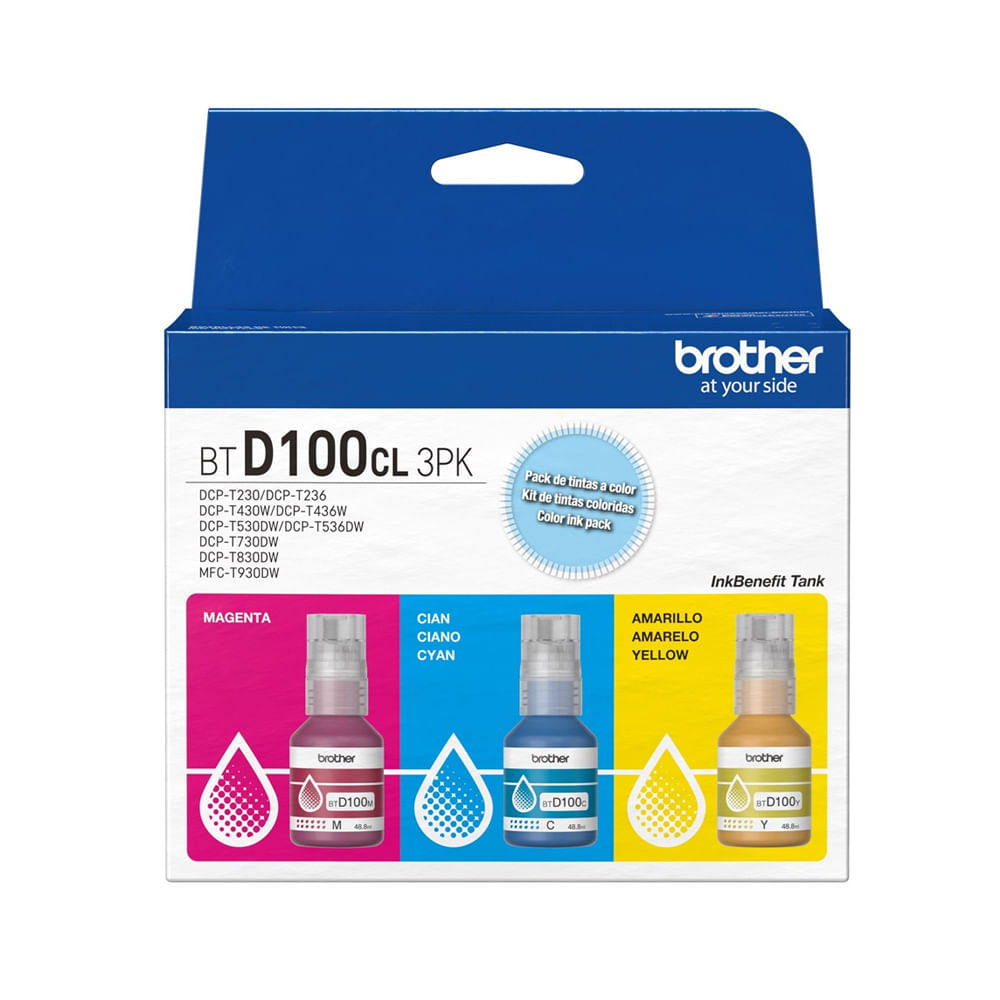 Tinte Brother BTD100CL3PK - Pack de 3 botellas Cian, Magenta y Amarillo, rinde 5,000 páginas