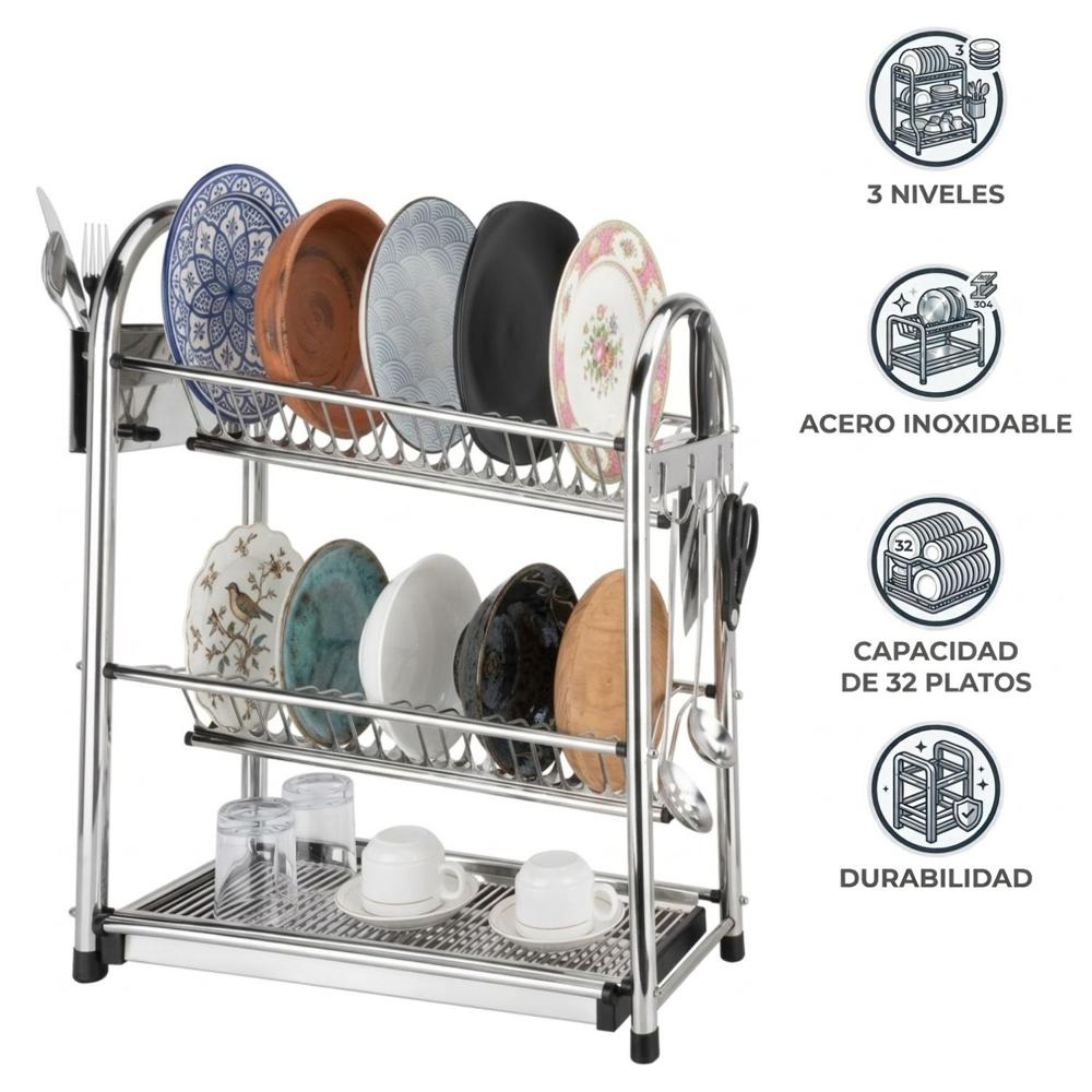 Escurridor de Platos para 32 platos Acero Inoxi, 52 x 25 x 63 cm