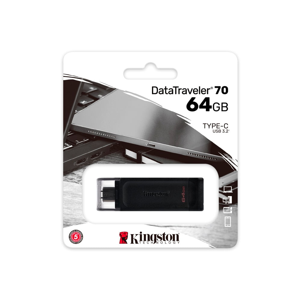 Unidad flash Kingston DataTraveler 70 de 64GB, USB 3.2 Tipo C, color negro