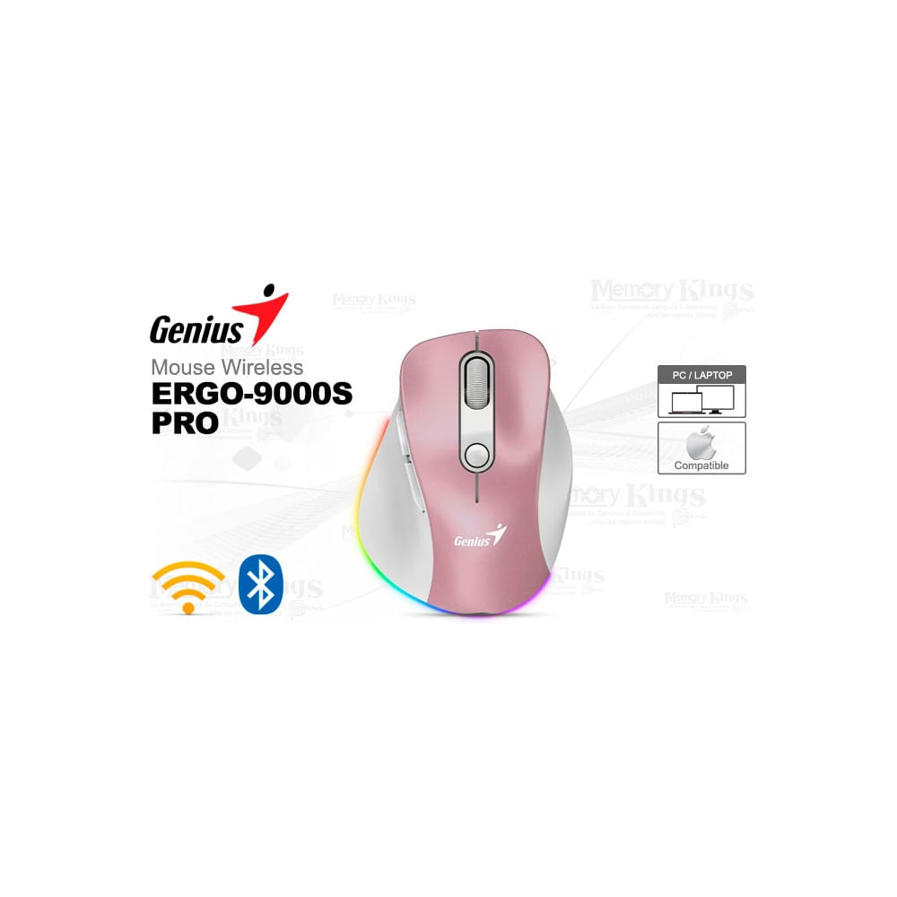 Mouse Genius Ergo 9000s Pro recargable inalámbrico dual Bluetooth, 6 botones silenciosos, RGB rosa