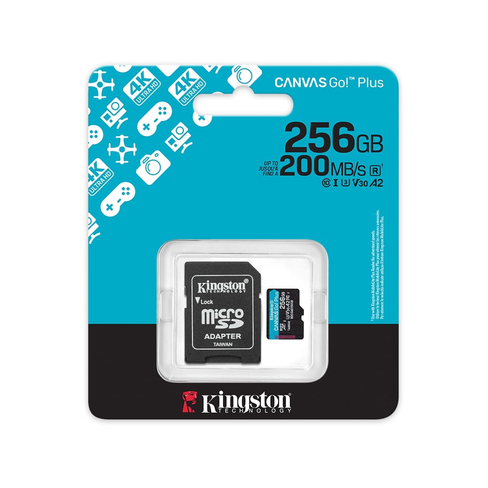 Tarjeta microSDXC Kingston Canvas Go! Plus 256GB, Velocidad 200MB/s, Clase 10/UHS-I, Ideal para Gra