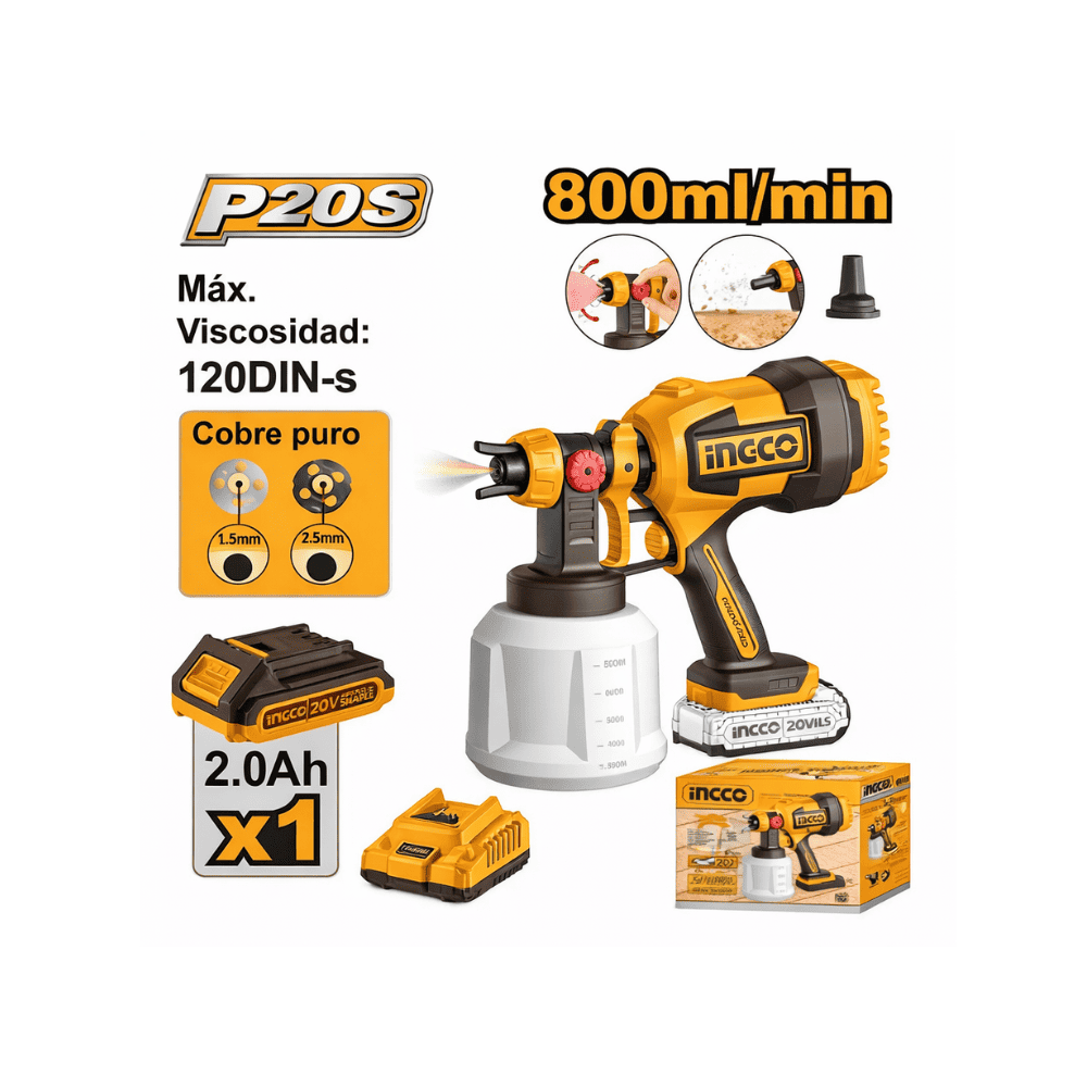 Pistola para pintar de 800 ML 20v INGCO CSGLI20042 incluye batería - cargador