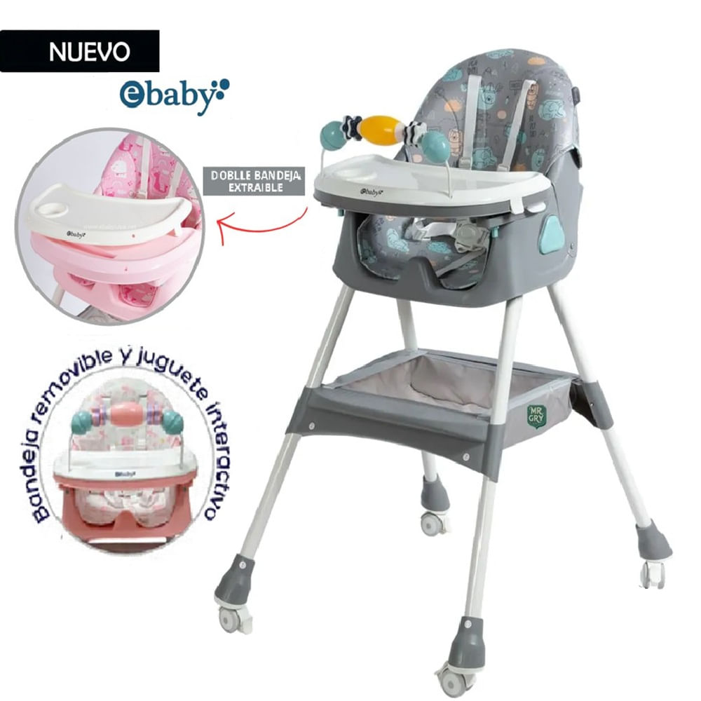 Silla de Comer Plegable Con Ruedas Doble bandeja LULU 631-1- Gris