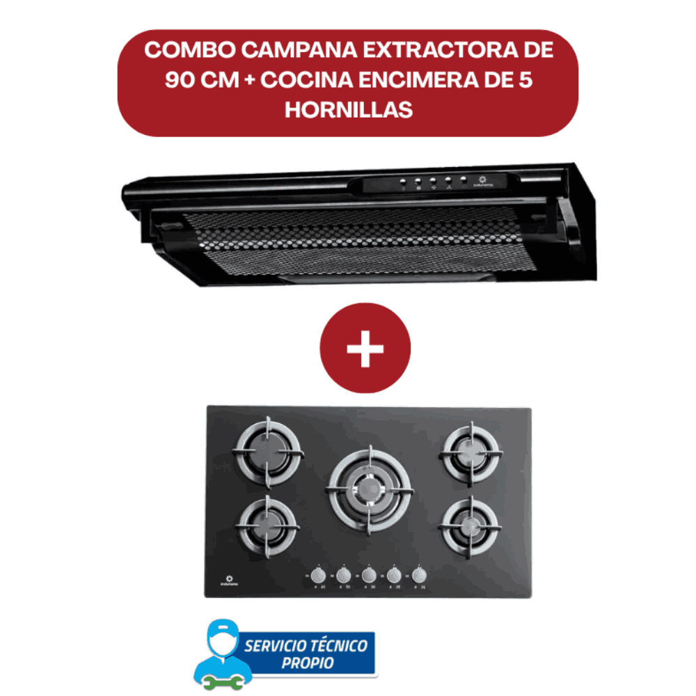 COMBO Encimera Indurama Egi-905vdneg Negro 5 Quemadores Y Campana Extractora Indurama 90 cm  Negro