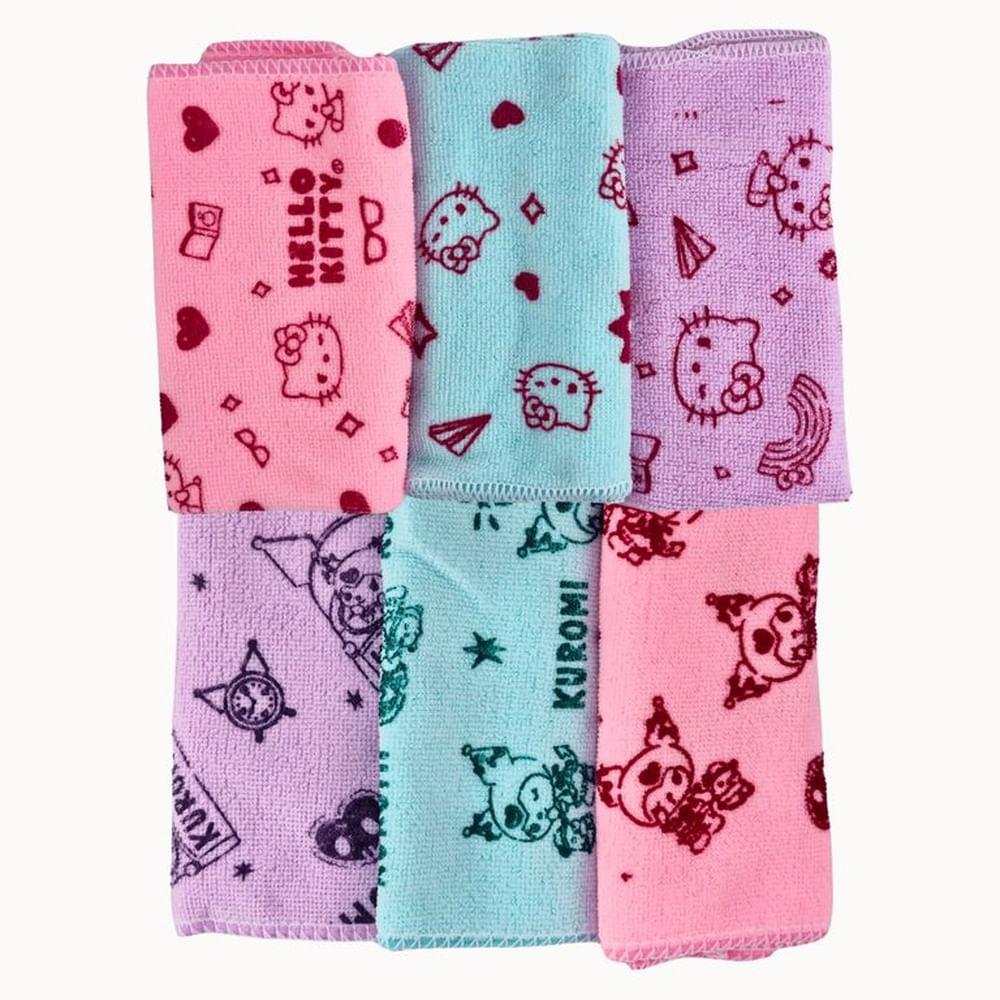 Pack 6 Paños Microfibra HELLO KITTY y KUROMI multiusos