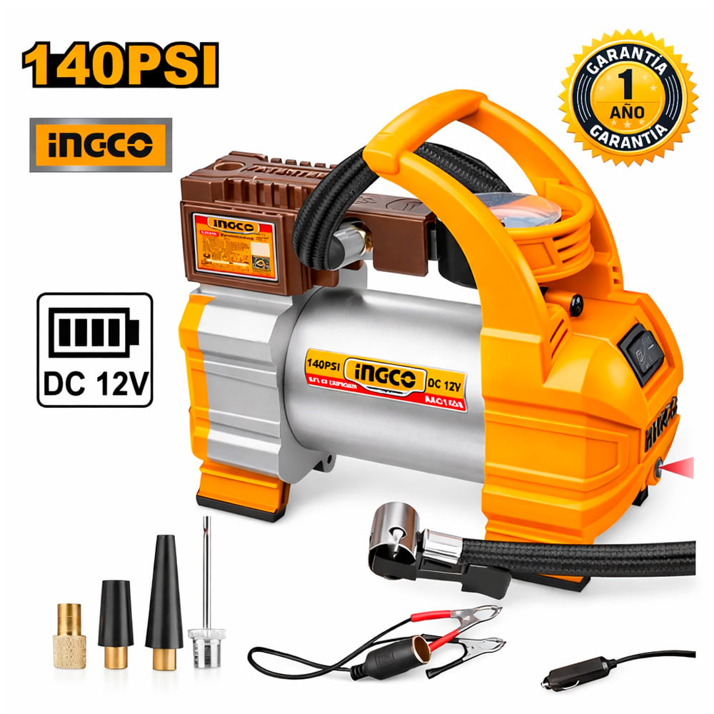 Compresora de Aire 1 Pistón Ingco AAC1408 Inflador 140 PSI 35 l/min Portátil