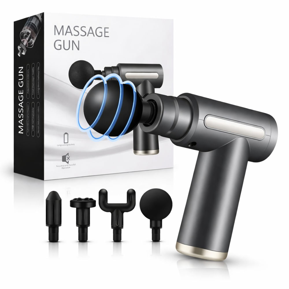 Mini Pistola De Masaje  Portátil 4 Cabezas 6 Velocidad Gris