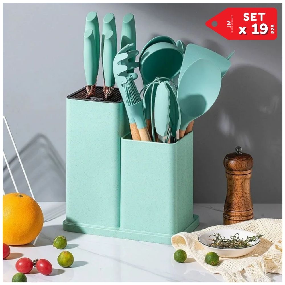 Set de Utensilios de Cocina con Base Organizadora x 19pzs Verde