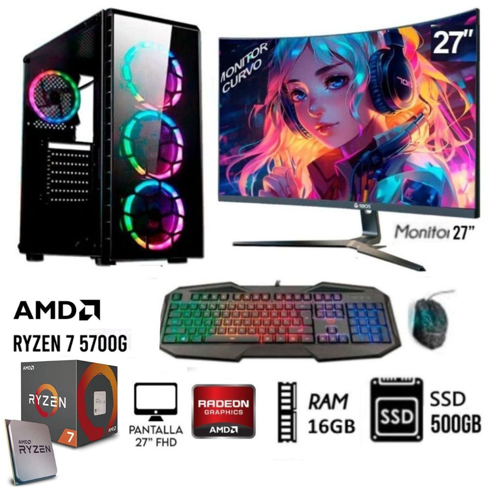 Computadora Pc Ryzen 7 5700G Ram16GB Disco Solido SSD 500GB Monitor 27 FHD