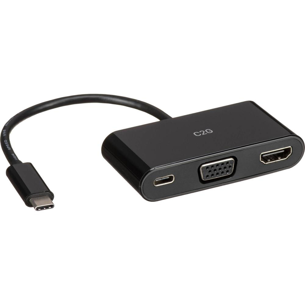 Adaptador C2G USB Tipo-C a HDMI y VGA con Entrega de Energía (Negro) - Conector Masculino USB Tipo-C