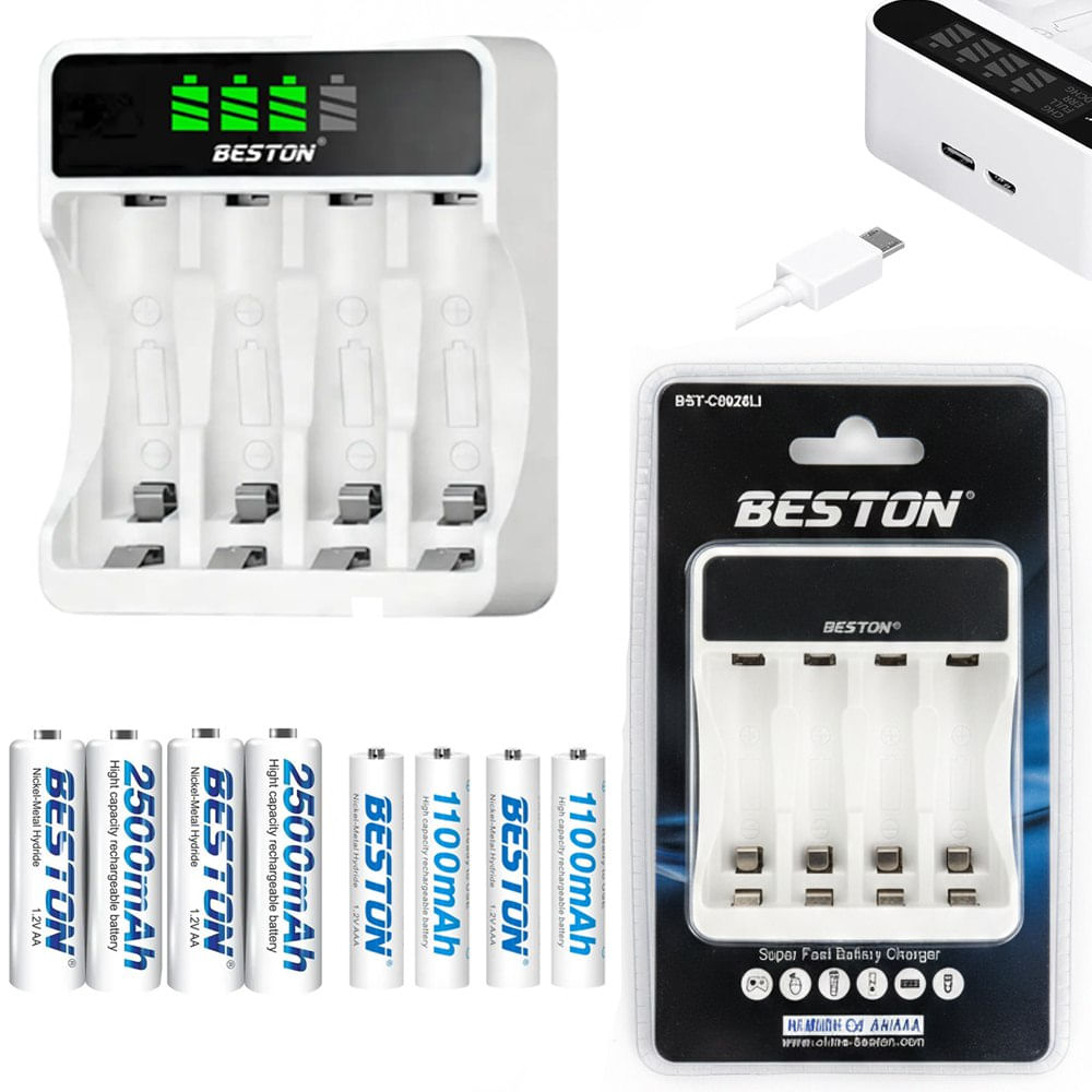 Kit Cargador Inteligente de Pilas mas 4 AA y 4 AAA Ni-MH con Pantalla LCD 4 puestos