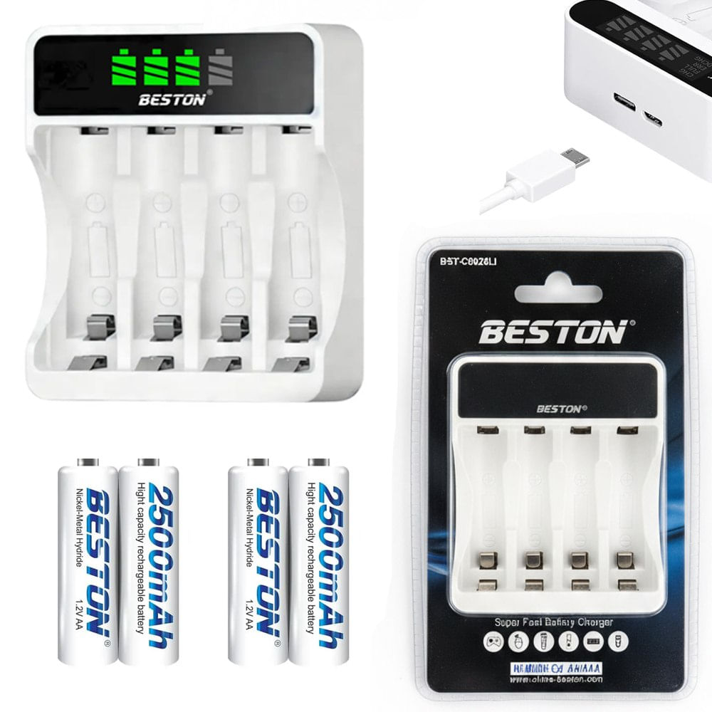 Kit Cargador Inteligente de Pilas con Pantalla LCD 4 puestos mas 4 pilas AA Ni-MH