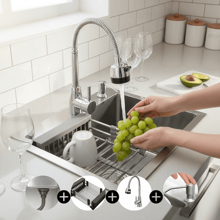 COMBO 5 en 1 Lavadero Cuadrado 45x45 Inoxidable con Grifo mezcladora y Accesorios Completo