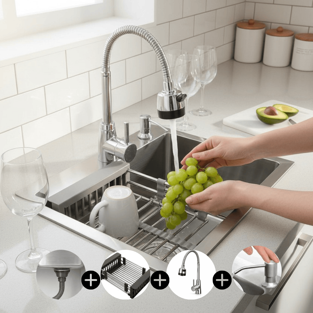 COMBO 5 en 1 Lavadero Cuadrado 45x45 Inoxidable con Grifo mezcladora y Accesorios Completo