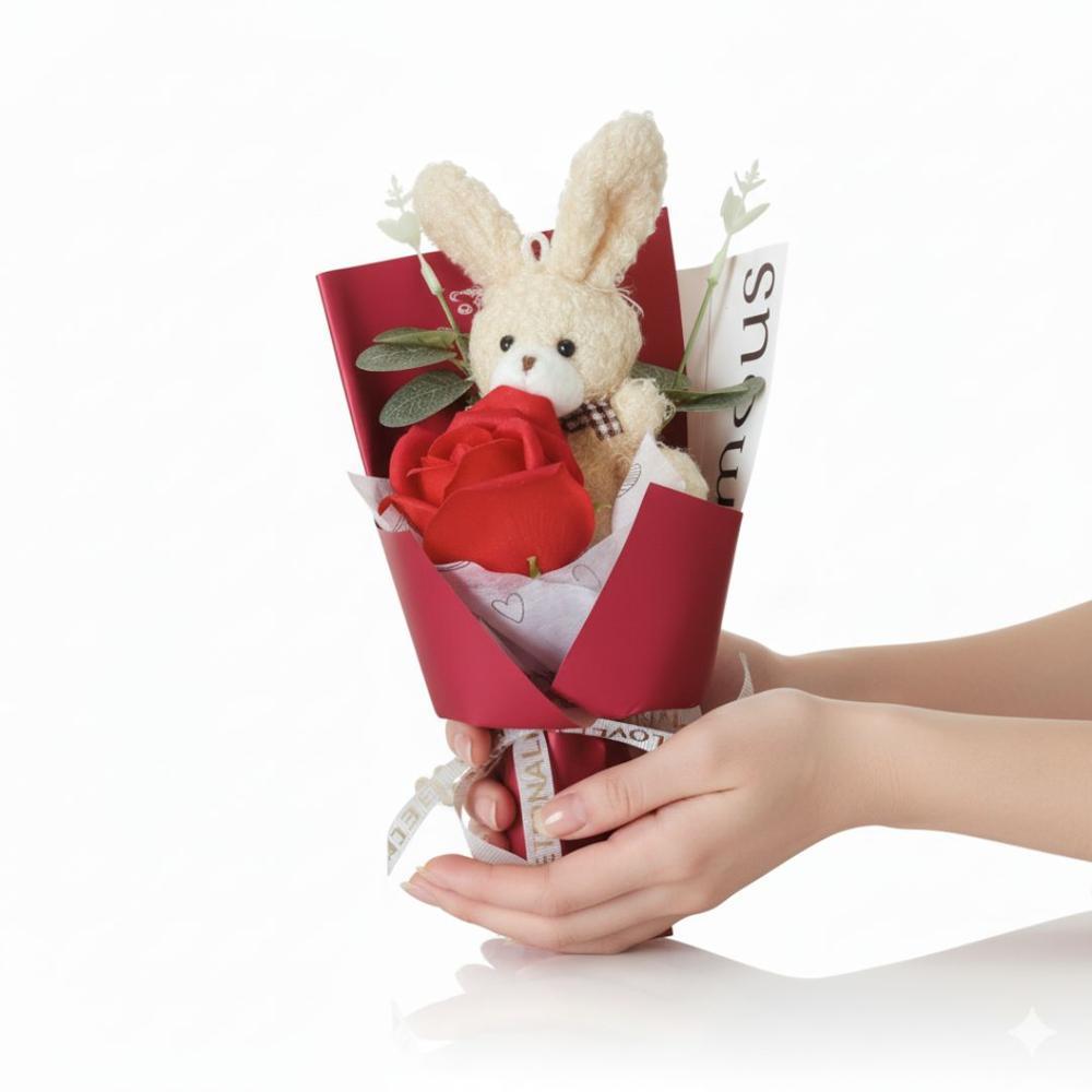 Ramo De Rosas Con Peluche De Conejito Detalle San Valentín - Rojo