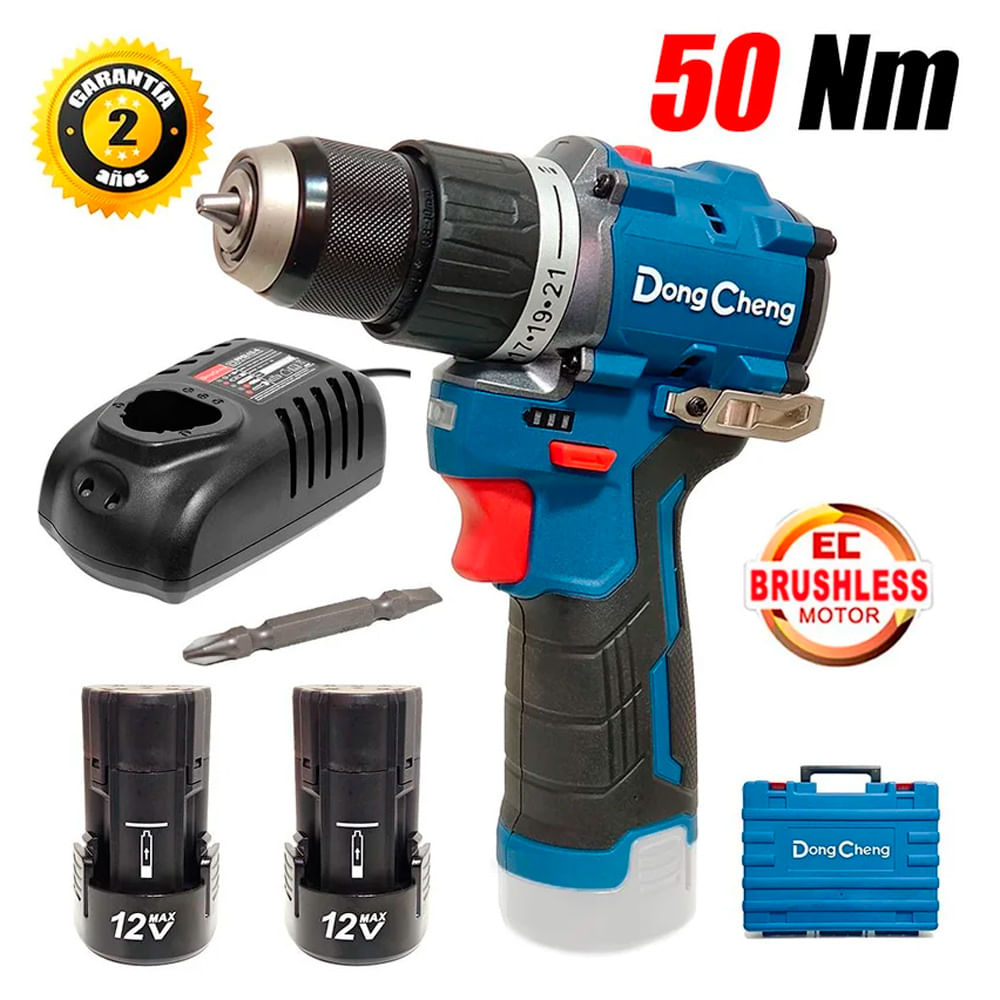 Taladro Atornillador Percutor 10mm Dongcheng DCJZ1250iEK 12V 50Nm 2Bat x 2Ah Brushless