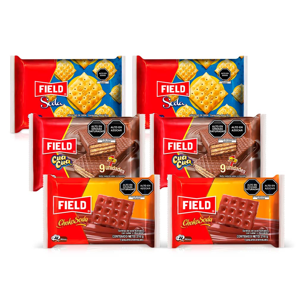 Pack Wafer FIELD Cua Cua Paquete 9un x 2un + Galletas FIELD ChokoSoda Paquete 6un x 2un + Galletas Saladas FIELD Soda Paquete 6un x 2un