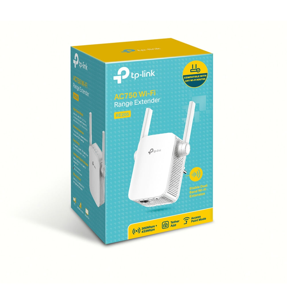 Extensor Wi-Fi TP-Link RE205 doble banda 2.4 GHz y 5 GHz optimiza tu conexión en casa.