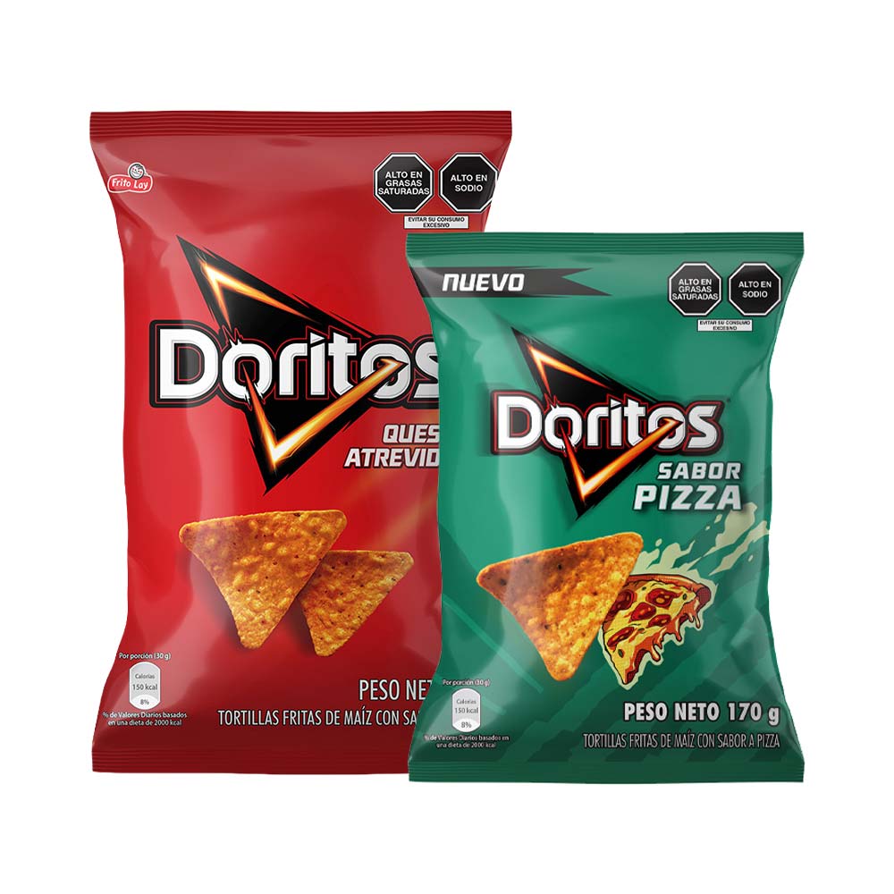 Pack Tortilla Chips DORITOS Queso Atrevido Bolsa 190g + Tortilla Chips DORITOS Pizza Bolsa 170g