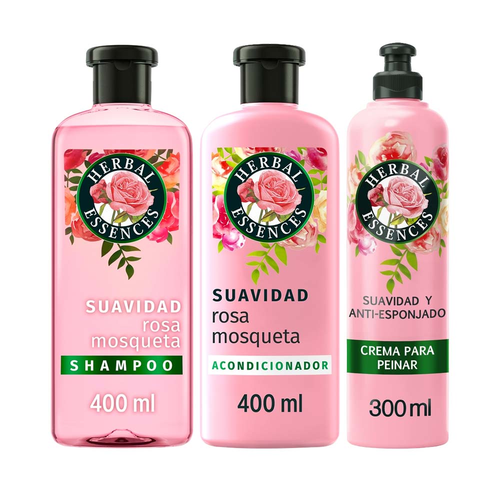 Pack HERBAL ESSENCES Shampoo Rosa Mosqueta Frasco 400ml + Acondicionador Classic Smooth Frasco 400ml + Crema para Peinar Rosa Mosqueta Frasco 300ml