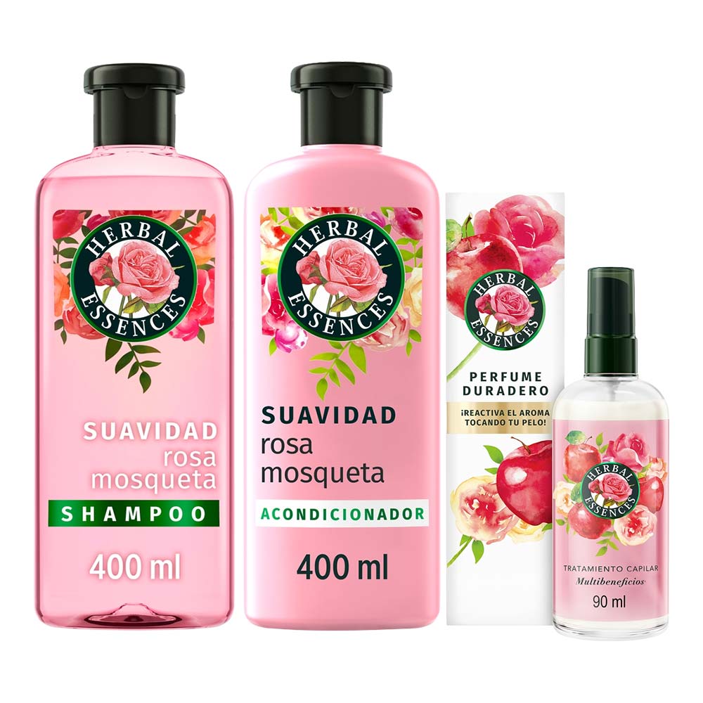 Pack HERBAL ESSENCES Shampoo Rosa Mosqueta Frasco 400ml + Acondicionador Classic Smooth Frasco 400ml + Perfume para Cabello Frasco 90ml