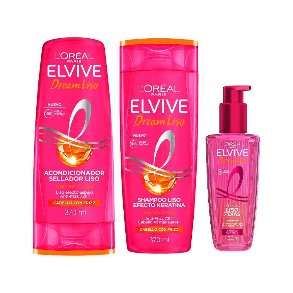 Pack ELVIVE Dream Liso Shampoo Frasco 370ml + Acondicionador ELVIVE Botella 370ml + Tratamiento Serúm Capilar Frasco 100ml