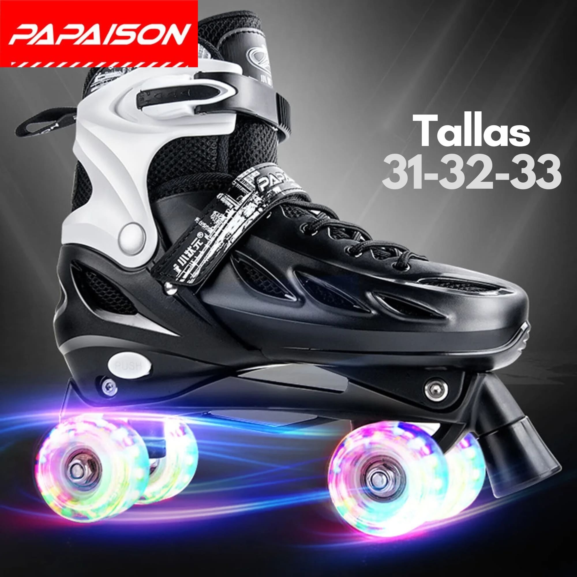 Patines Cuatro Ruedas Ajustables Retro A9B - Negro - Tallas 31-32-33 - ABEC-7 - Con Luces LED