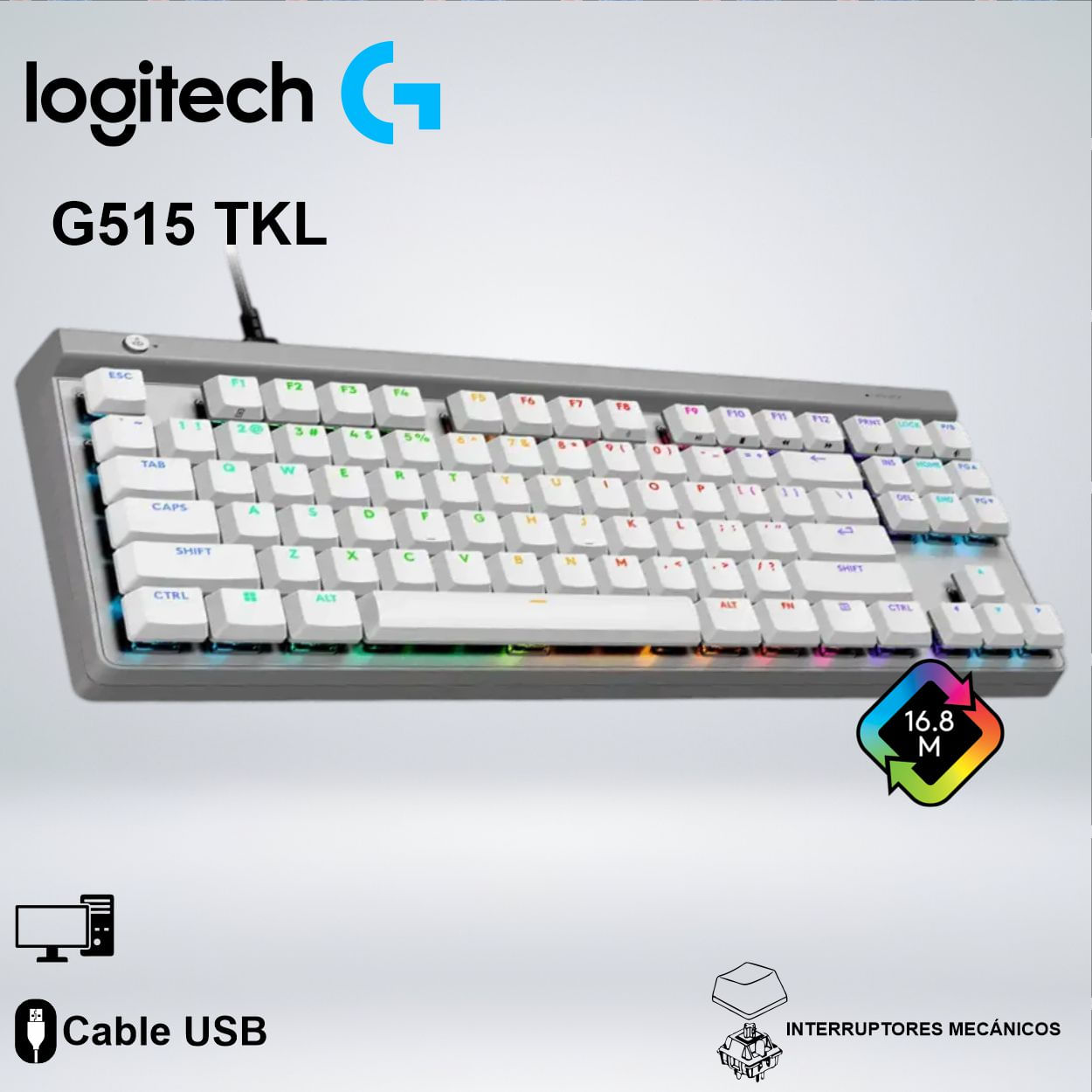 TECLADO GAMER G515 TKL CABLEADO LIGHTSYNC RGB PBT DOBLE INYECCION BLANCO