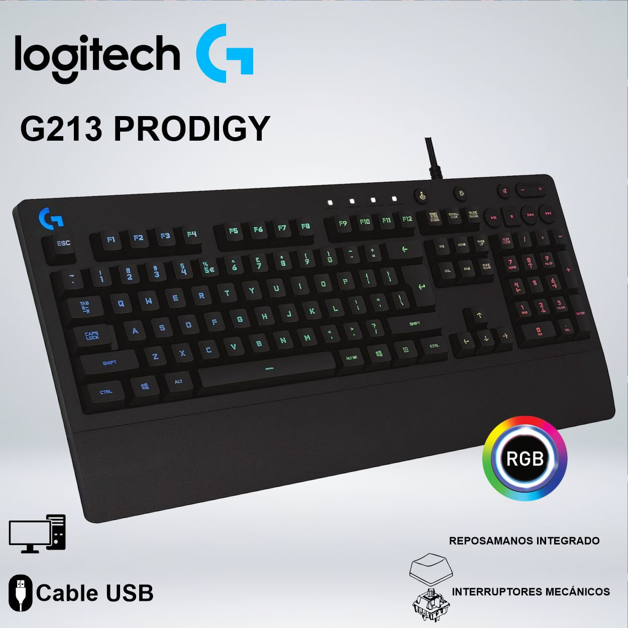TECLADO GAMER G213 RGB LIGHTSYNC TECLAS MULTIMEDIA