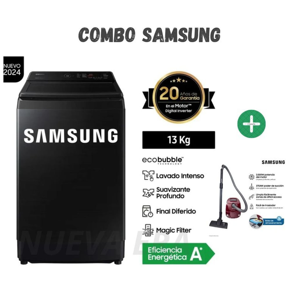 Lavadora Samsung 13Kg WA13CG5441BV Carga Superior EcoBubble Mas aspiradora  VCC4190V3KXZS 2000W
