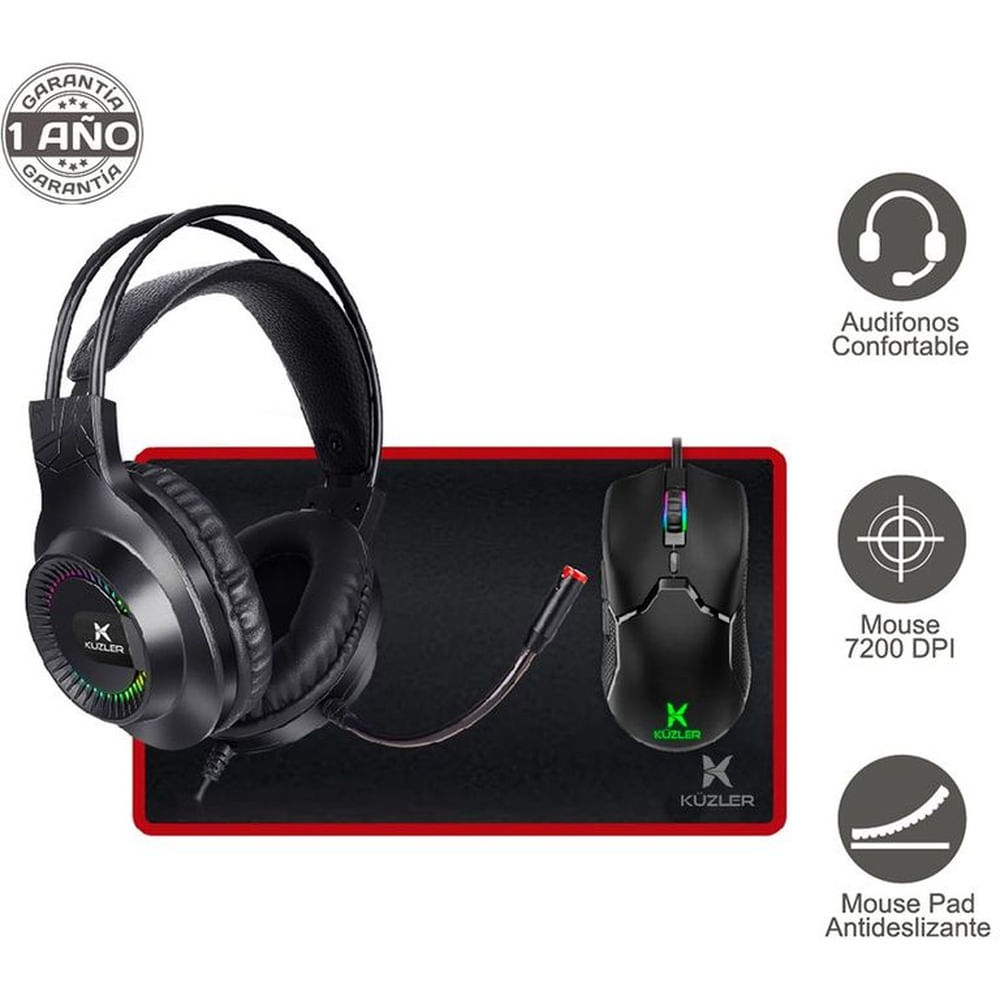 Kit gamer 3 en 1 audifonos gamer + mouse gamer + mouse pad kuzler