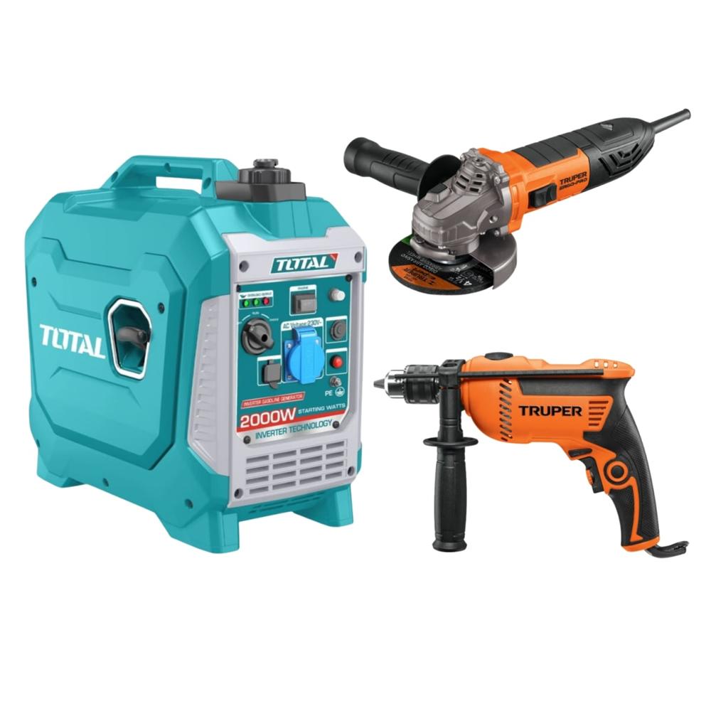 Generador Inverter Silencioso TOTAL 2000W + Taladro y Amoladora Truper TP523006-15346-100735