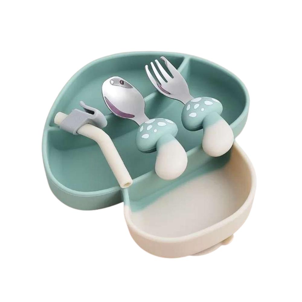 Plato infantil  de silicona y cubiertos modelo Honguito